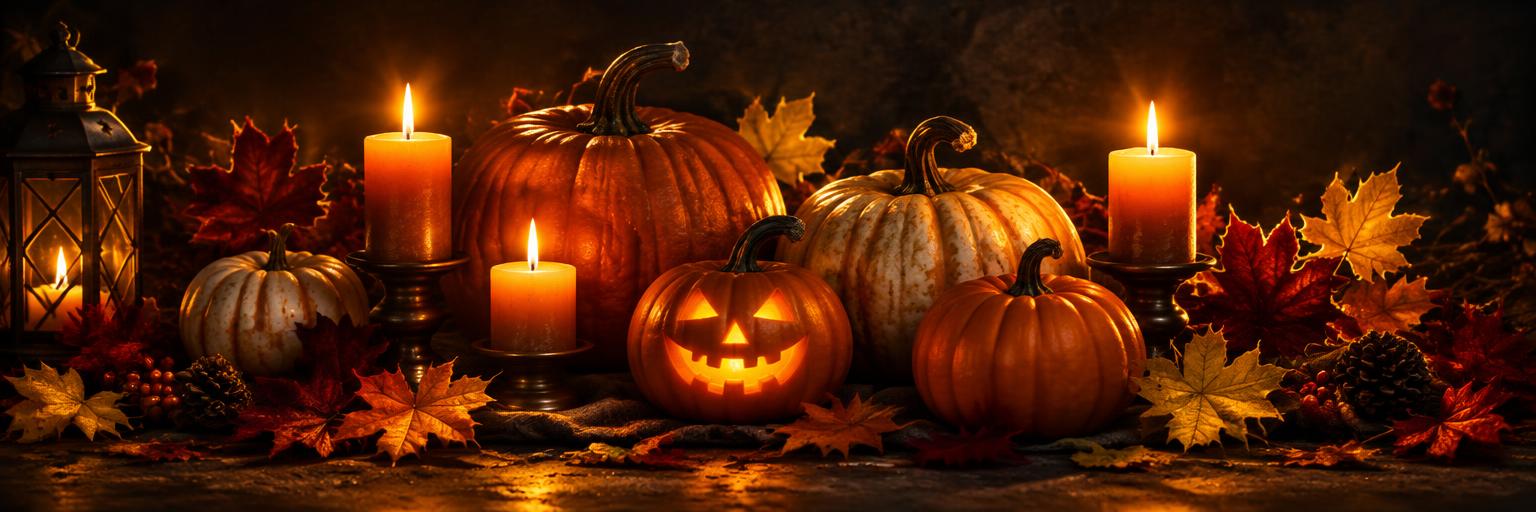 Glowing candles, carved jack-o'-lanterns, and scattered autumn maple leaves